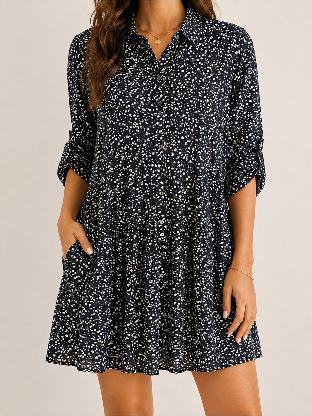 Atelier Nicole Miller Floral Collared Button-Front Mini Dress S